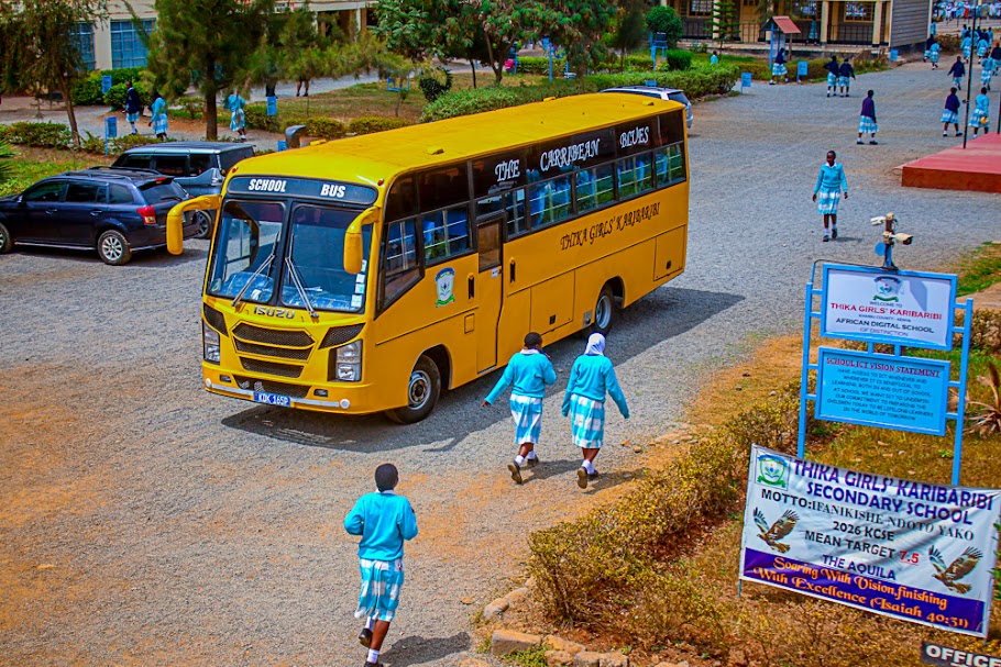 Thika Girls' Karibaribi school bus and campus view